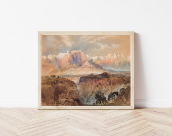 Pintura em aquarela dos penhascos da montanha de Utah e do desfiladeiro do rio Virgin, 1873 | Impressão artística