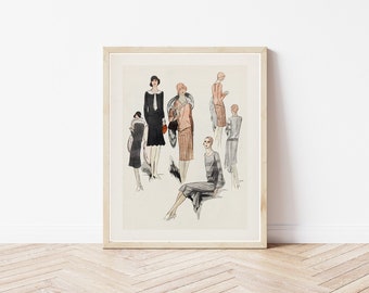 1920s Flapper Fashion Art Print: Art Deco Style Illustration