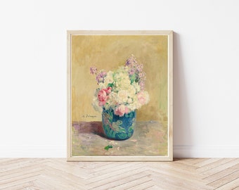 May include: A painting of a bouquet of white and pink flowers in a blue and green vase. The flowers are arranged in a loose, natural style, and the vase is decorated with a floral pattern. The background is a soft yellow.