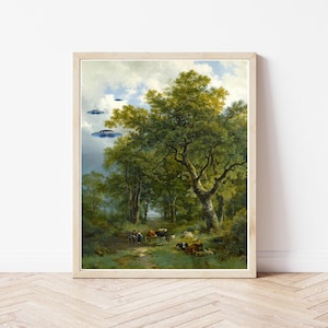Alien UFO UAP Flying Saucer Invasion + Vintage 19th Century Landscape Oil Painting | Altered Art | Fun Home decor | Fine Art Print