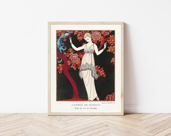 Puede incluir: Una ilustración vintage de una mujer con un vestido blanco de pie frente a un árbol rojo con flores rosas. La mujer lleva un cinturón de cuentas y un pájaro azul está posado en una rama del árbol. El texto "L'ARBRE DE SCIENCE Robe du soir de Douillet" está en la parte inferior de la imagen.