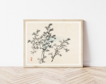 Puede incluir: Un dibujo en tinta negra y blanca enmarcado de plantas de bambú sobre un fondo beige. El dibujo está en un marco de madera simple.