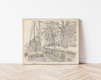Amsterdam Netherlands Cityscape Canal & Street View 1912 Drawing | Fine Art Print