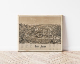 May include: A vintage black and white illustration of ancient Jerusalem, showing the city's layout and surrounding landscape. The image includes text that reads "Ancient Jerusalem A.D."