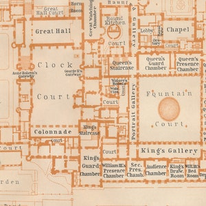 May include: A detailed diagram of the layout of the interior of a historic building, possibly a palace or castle. The diagram shows various rooms, courtyards, and passageways, labeled with names like "Great Hall", "Queen's Chamber", and "King's Gallery".