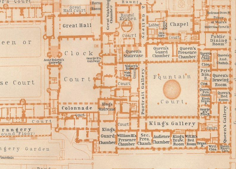 May include: A detailed diagram of the layout of the interior of a historic building, possibly a palace or castle. The diagram shows various rooms, courtyards, and passageways, labeled with names like "Great Hall", "Queen's Chamber", and "King's Gallery".