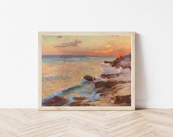 Sunset in Split Croatia Coastal Seascape Painting Circa 1910, Fine Art Print