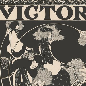 Peut inclure: Illustration en noir et blanc de trois femmes &agrave; v&eacute;lo. L'image est intitul&eacute;e "VICTOR" en lettres noires et grasses.