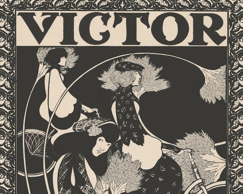 Peut inclure: Illustration en noir et blanc de trois femmes &agrave; v&eacute;lo. L'image est intitul&eacute;e "VICTOR" en lettres noires et grasses.