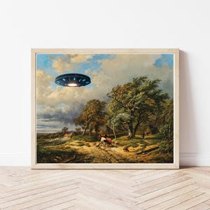 Alien UFO UAP Fliegende Untertasse + Vintage Landschafts-Ölgemälde | Veränderte Kunst | Spaß Wohnkultur | Fine Art Druck