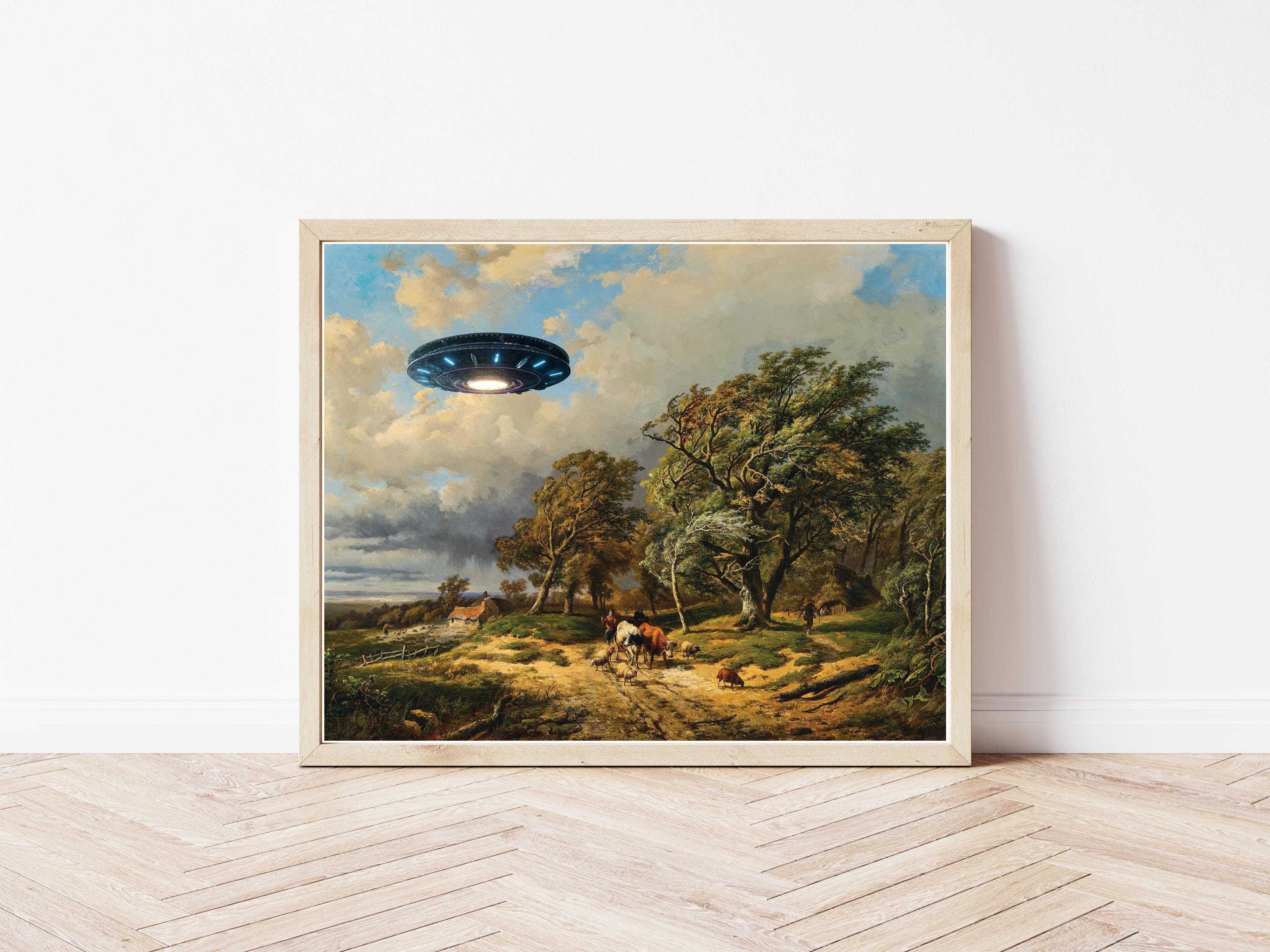 絵画 UFO エイリアンUFO UAP空飛ぶ円盤 + ヴィンテージ19世紀風景油絵