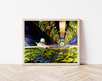 May include: A colorful painting depicting a futuristic landscape with a swirling vortex in the center, surrounded by green hills, a river, and a distant planet. The painting is framed in a light wood frame.