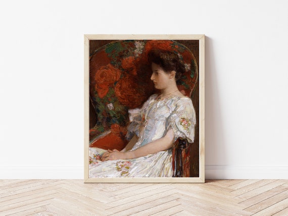 赤い花柄の椅子に座る女性の肖像画 1906年 油絵 | ファインアート