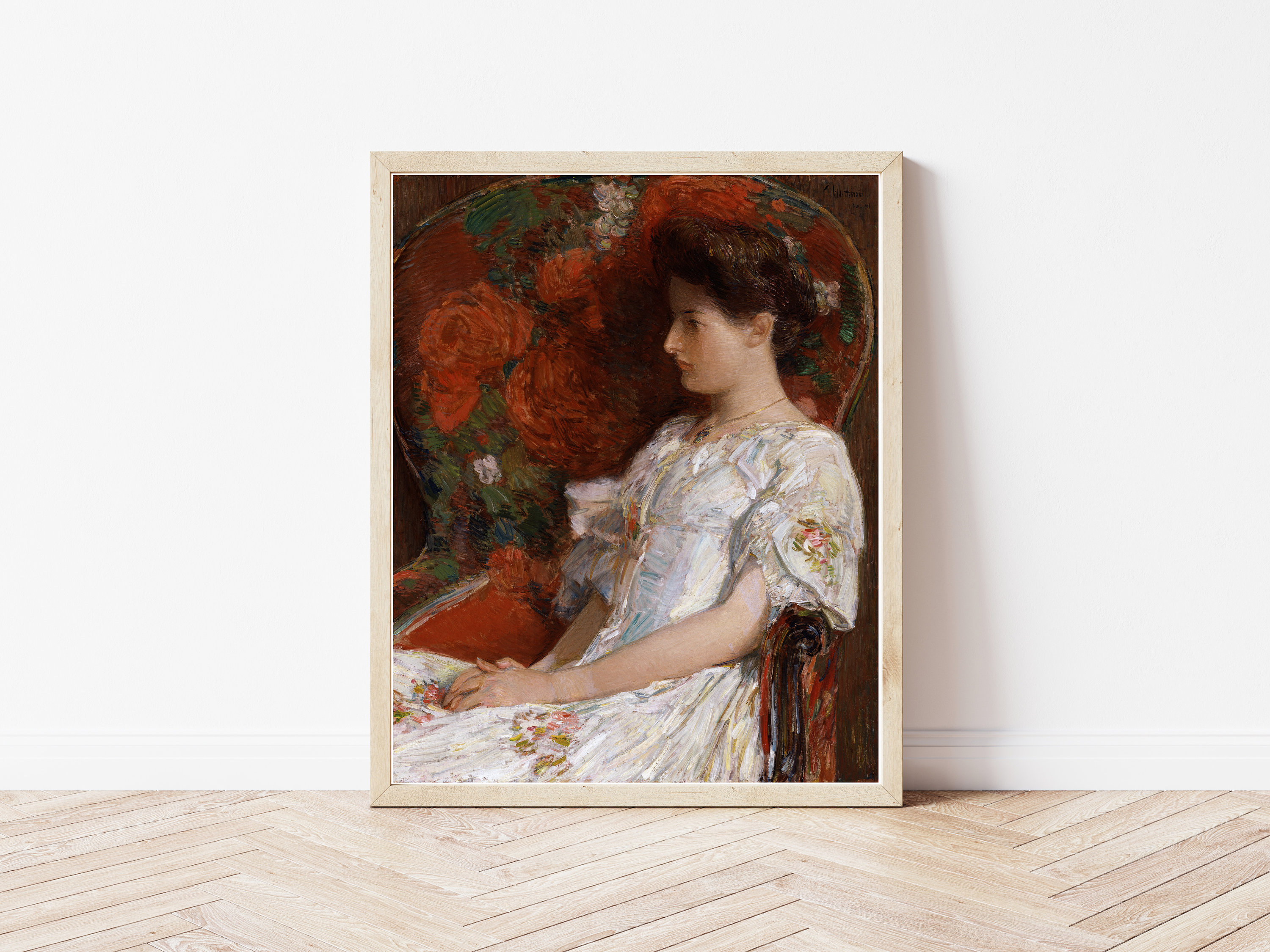 赤い花柄の椅子に座る女性の肖像画 1906年 油絵 | ファインアート