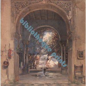 May include: A watercolor painting depicting a courtyard with a fountain in the center. The courtyard is surrounded by arches and columns, and there are people in the courtyard, including a woman in a white dress dancing. The painting is framed in a brown frame.