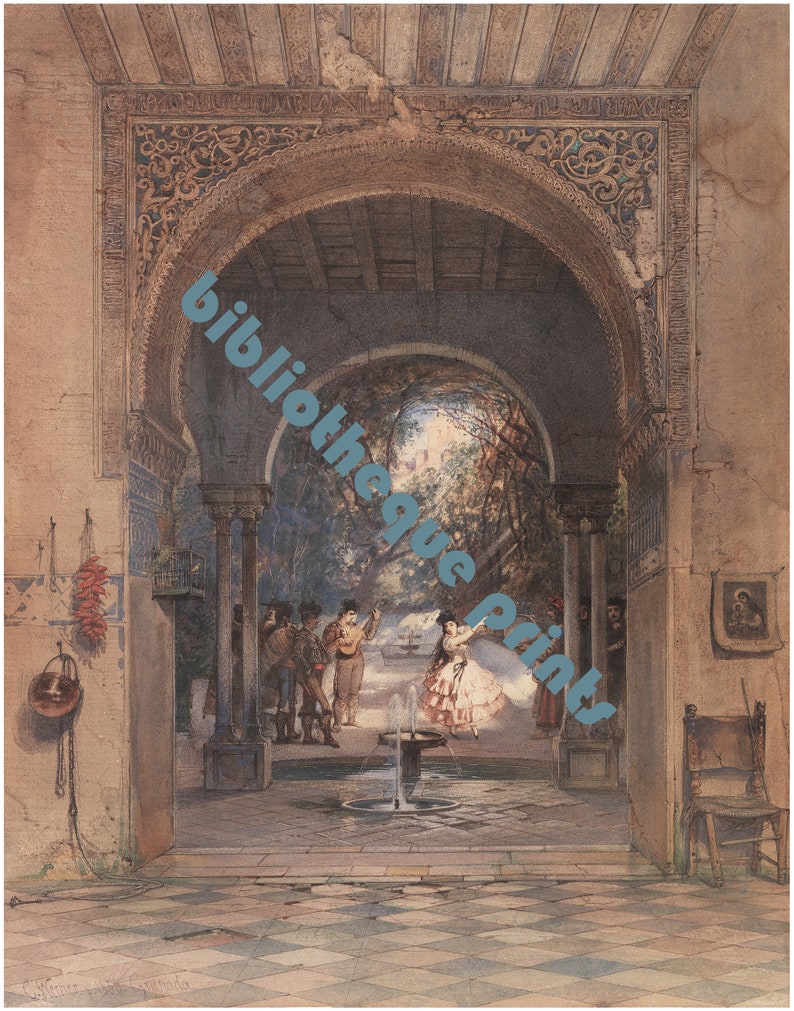 May include: A watercolor painting depicting a courtyard with a fountain in the center. The courtyard is surrounded by arches and columns, and there are people in the courtyard, including a woman in a white dress dancing. The painting is framed in a brown frame.