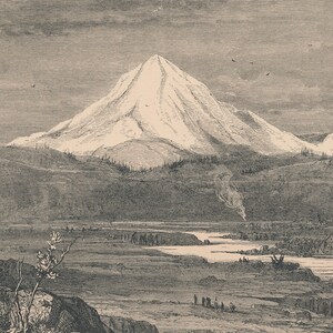 May include: A black and white engraving depicting a snow-capped mountain with a river in the foreground. The mountain is in the distance and the river is in the foreground. The river is winding and there are trees on the banks of the river.