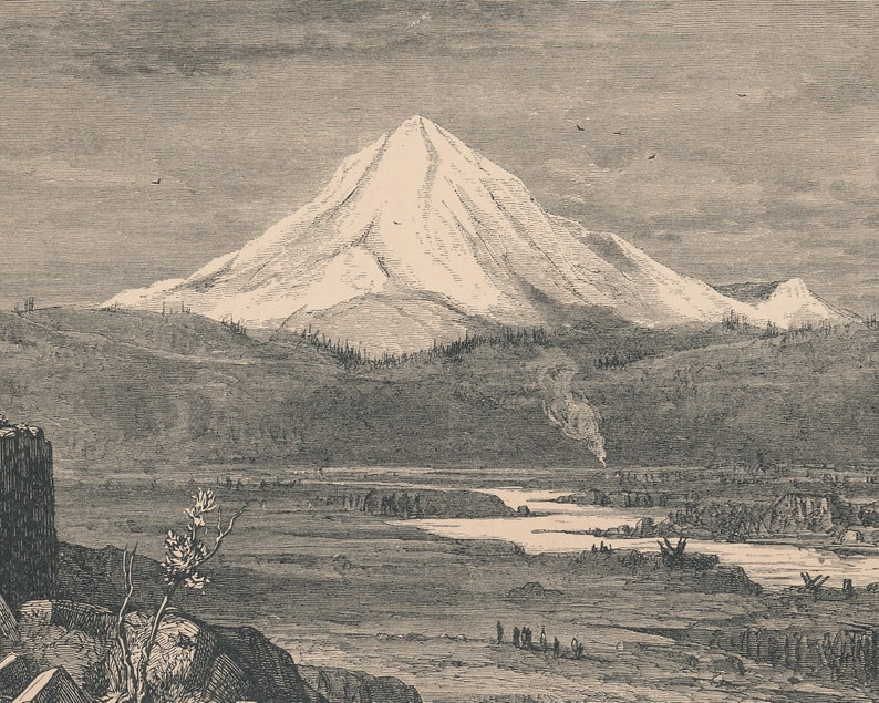 May include: A black and white engraving depicting a snow-capped mountain with a river in the foreground. The mountain is in the distance and the river is in the foreground. The river is winding and there are trees on the banks of the river.
