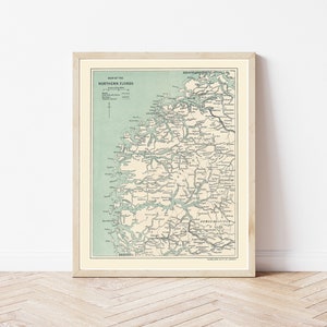 Fiordos noruegos, Noruega, 1922, mapa / impresión de bellas artes
