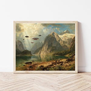 Alien UFO UAP Flying Saucer Invasion + Vintage 19th Century Landscape Oil Painting | Altered Art | Fun Home decor | Fine Art Print