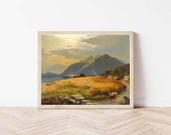 Veduta delle Highlands scozzesi, Scozia, circa 1869, dipinto a olio / stampa artistica
