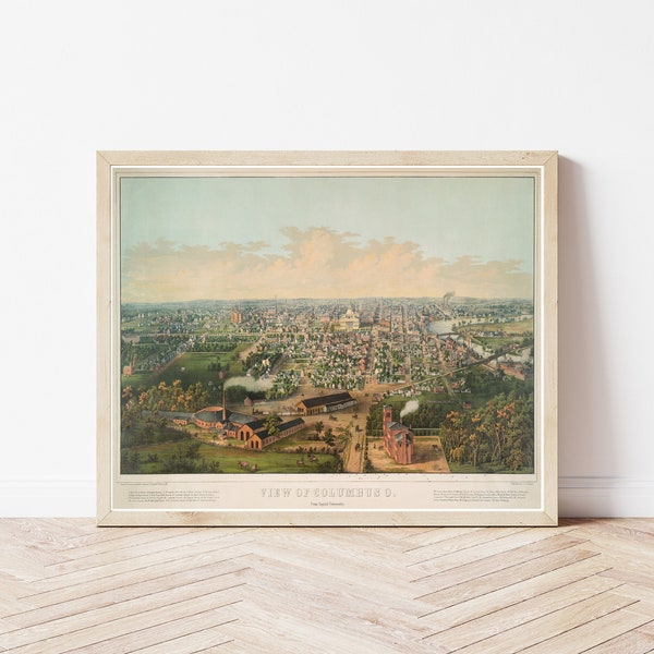 Columbus Ohio 1867 Bird's Eye View Map Fine Art Print