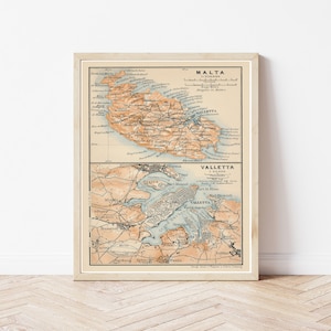 May include: Vintage map of Malta, showing the island's coastline, cities, and towns. The map is in a beige and blue color scheme with a white border. The title "MALTA" is printed in black at the top of the map. The map also includes a smaller inset map of Valletta, the capital city.