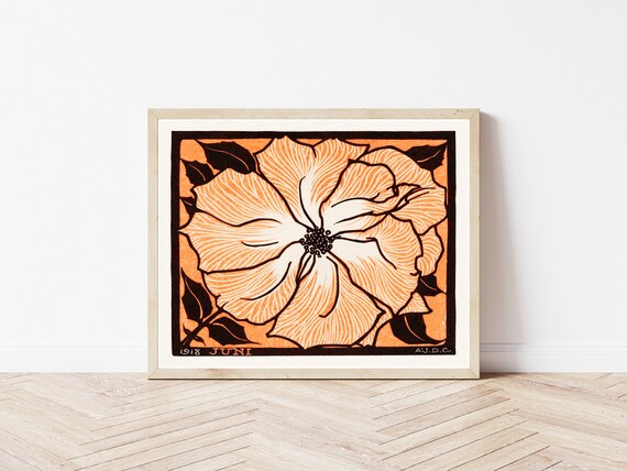 アール・ヌーヴォーのオレンジ色の花の木版画：1918年 美術 - Etsy 日本
