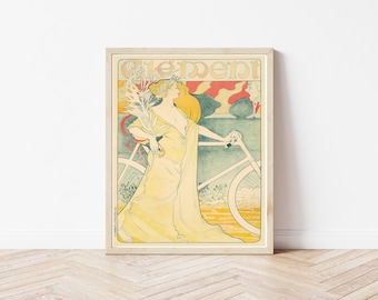 May include: A vintage poster advertising Clement bicycles. The poster features a woman in a yellow dress riding a bicycle with a floral design. The background is a colorful landscape with a sunset.
