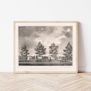 May include: A black and white engraving of a view of Dickinson College in Carlisle, Pennsylvania. The engraving shows a row of buildings with trees in front of them.