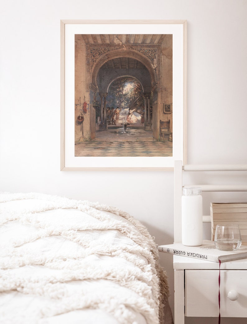 May include: A framed watercolor painting depicting a courtyard with an arched doorway, a fountain, and figures in the distance. The courtyard is decorated with intricate tilework and a lush garden.