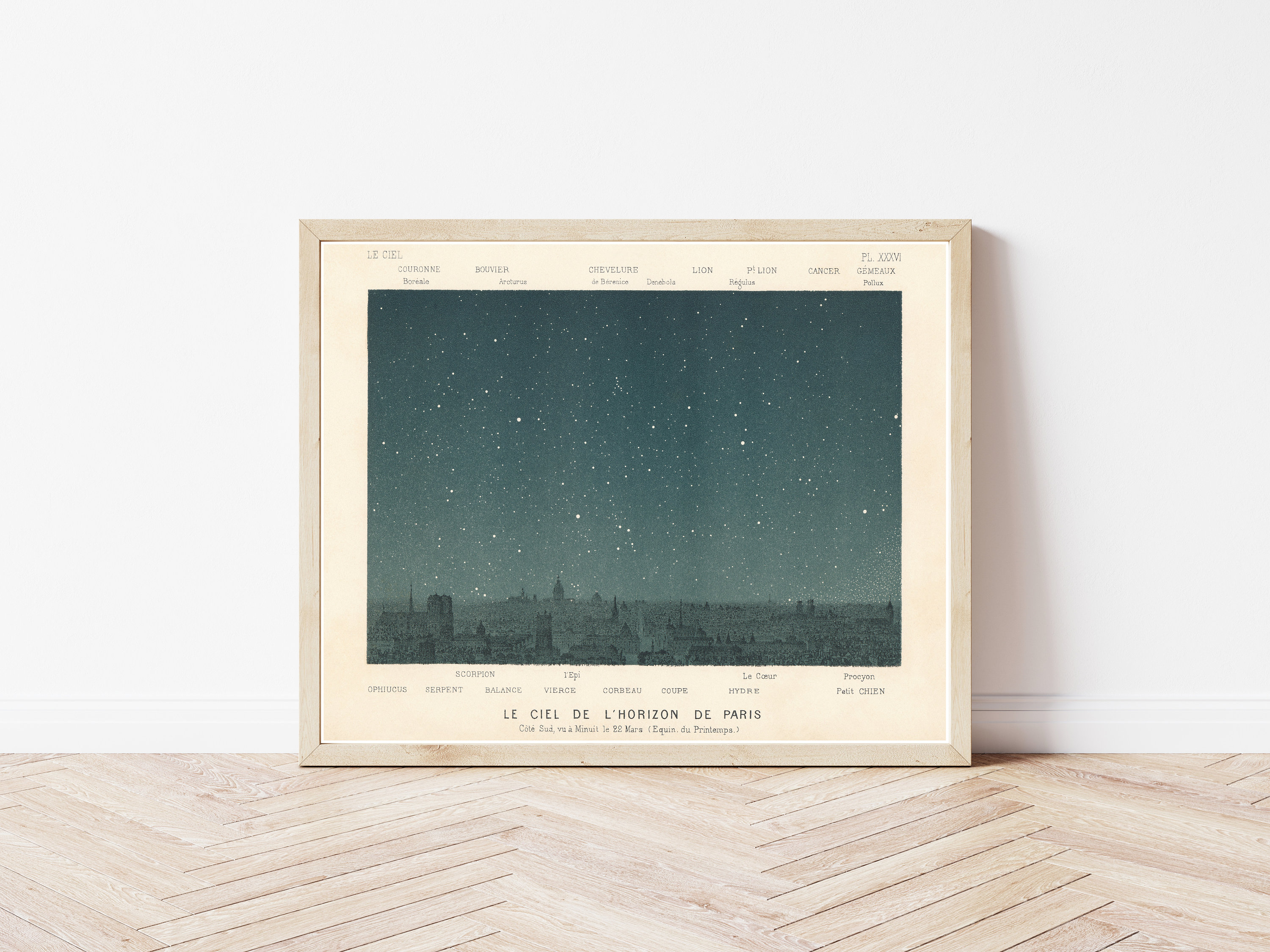 Paris France Night Sky Star Chart 1877 Lithograph Illustration 