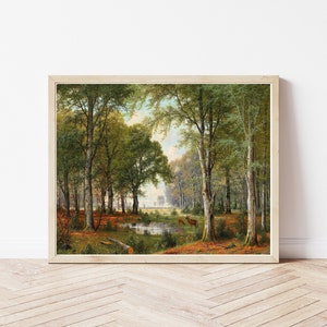 Deer in Forest Landscape Circa 1880 Oil Painting  | Fine Art Print