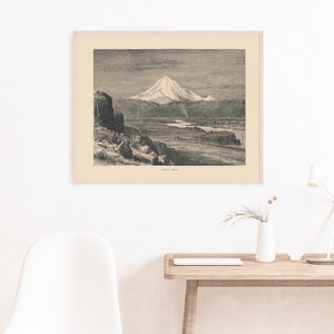 May include: A black and white vintage illustration of Mount Hood, a snow-capped mountain, with a river and trees in the foreground.