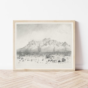 May include: A black and white pencil drawing of a desert landscape with mountains in the background and a few cacti in the foreground.