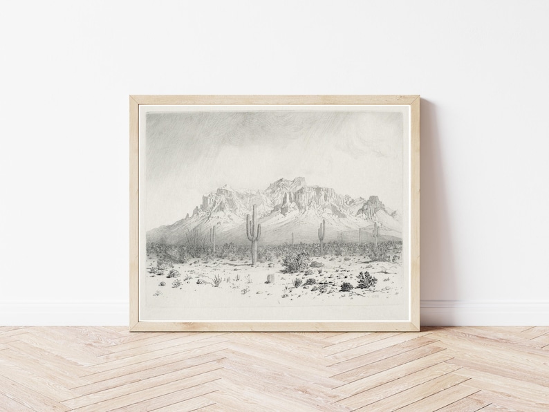 Puede incluir: Un dibujo a l&aacute;piz en blanco y negro de un paisaje des&eacute;rtico con monta&ntilde;as en el fondo y algunos cactus en primer plano.