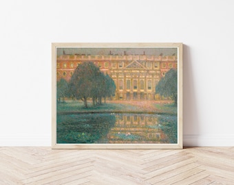 May include: A painting of a large, red brick building with a reflecting pool in front. The building has many windows and a symmetrical design. The pool is surrounded by trees and reflects the building and sky.