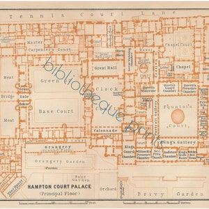May include: A detailed floor plan of Hampton Court Palace, showing the layout of the rooms and courtyards. The plan is drawn in orange and brown on a white background. The text "Hampton Court Palace (Principal Floor)" is printed at the bottom of the plan.