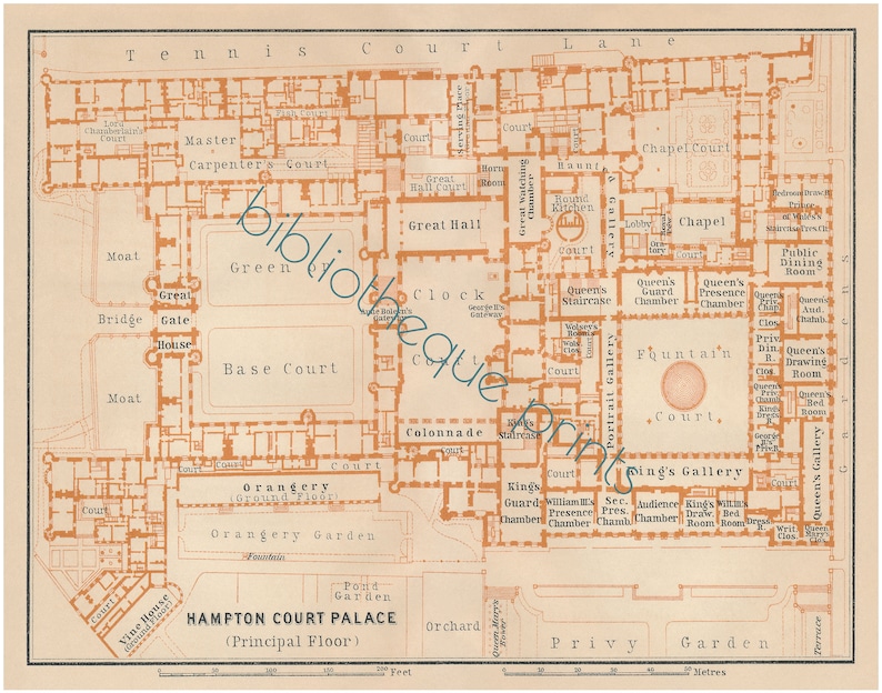 May include: A detailed floor plan of Hampton Court Palace, showing the layout of the rooms and courtyards. The plan is drawn in orange and brown on a white background. The text "Hampton Court Palace (Principal Floor)" is printed at the bottom of the plan.