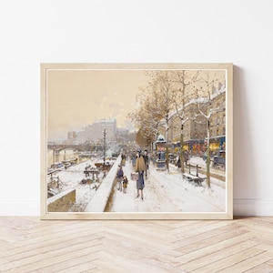 París Francia Escena de la calle nevada Quai des Célestins Circa 1910 Pintura de acuarela / Impresión de bellas artes