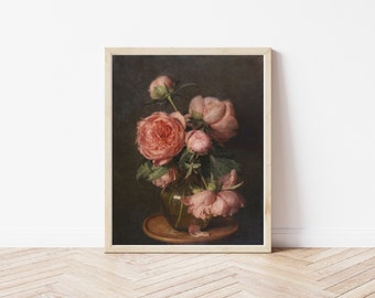 May include: A still life painting depicting a bouquet of pink peonies in a clear glass vase on a wooden table. The flowers are arranged in a loose, natural style, and the background is a dark, muted colour.