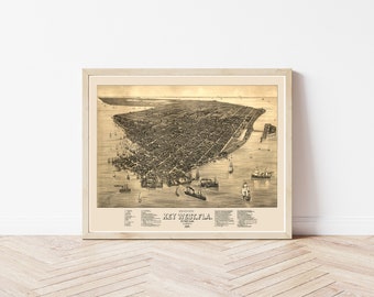 Mapa de vista aérea de Cayo Hueso, Florida, 1884 / Impresión artística