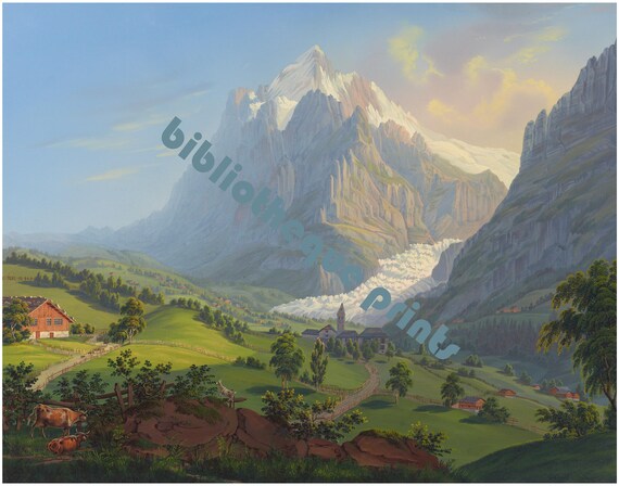 Grindelwald Switzerland & Wetterhorn Mountain Circa 1825 Oil