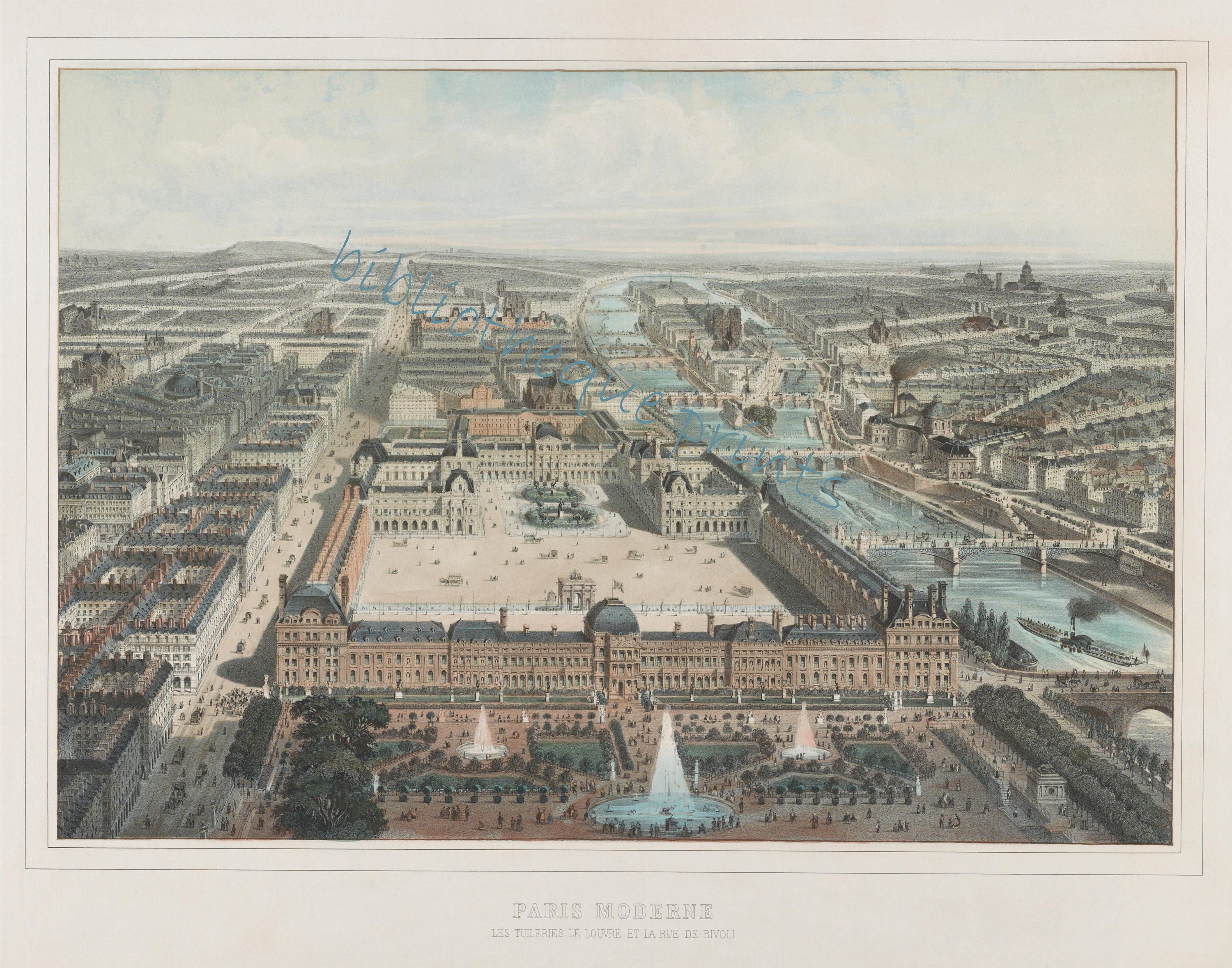 パリ、フランス、ルーブル美術館の眺め、1850年、リトグラフ、イラスト