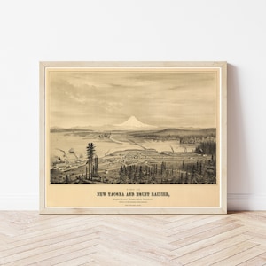 Tacoma Washington & Mount Rainier 1878 Vogelansicht Karte | Fine Art Druck