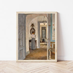 May include: A painting of a woman standing in a hallway, looking at a mirror. The hallway is decorated with a light blue and white pattern. The woman is wearing a light blue dress and has her hair pulled back.