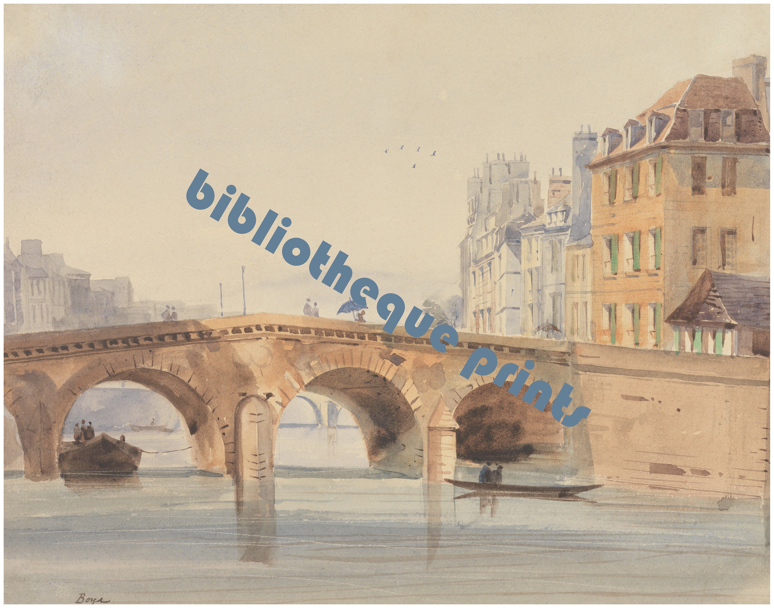 Paris France Pont Neuf View Circa 1830 Watercolor Painting | Fine