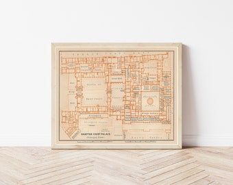 May include: A vintage map of Hampton Court Palace, showing the layout of the building's principal floor. The map is printed in orange and brown on a cream background. The map includes labels for various rooms and areas, including the Green Court, Base Court, and King's Gallery.