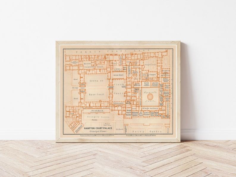 May include: A vintage map of Hampton Court Palace, showing the layout of the building's principal floor. The map is printed in orange and brown on a cream background. The map includes labels for various rooms and areas, including the Green Court, Base Court, and King's Gallery.