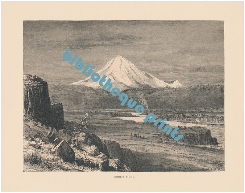 May include: A black and white engraving of Mount Hood, a snow-capped mountain, with a river in the foreground. The image is titled "Mount Hood".